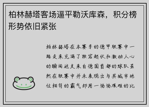 柏林赫塔客场逼平勒沃库森，积分榜形势依旧紧张